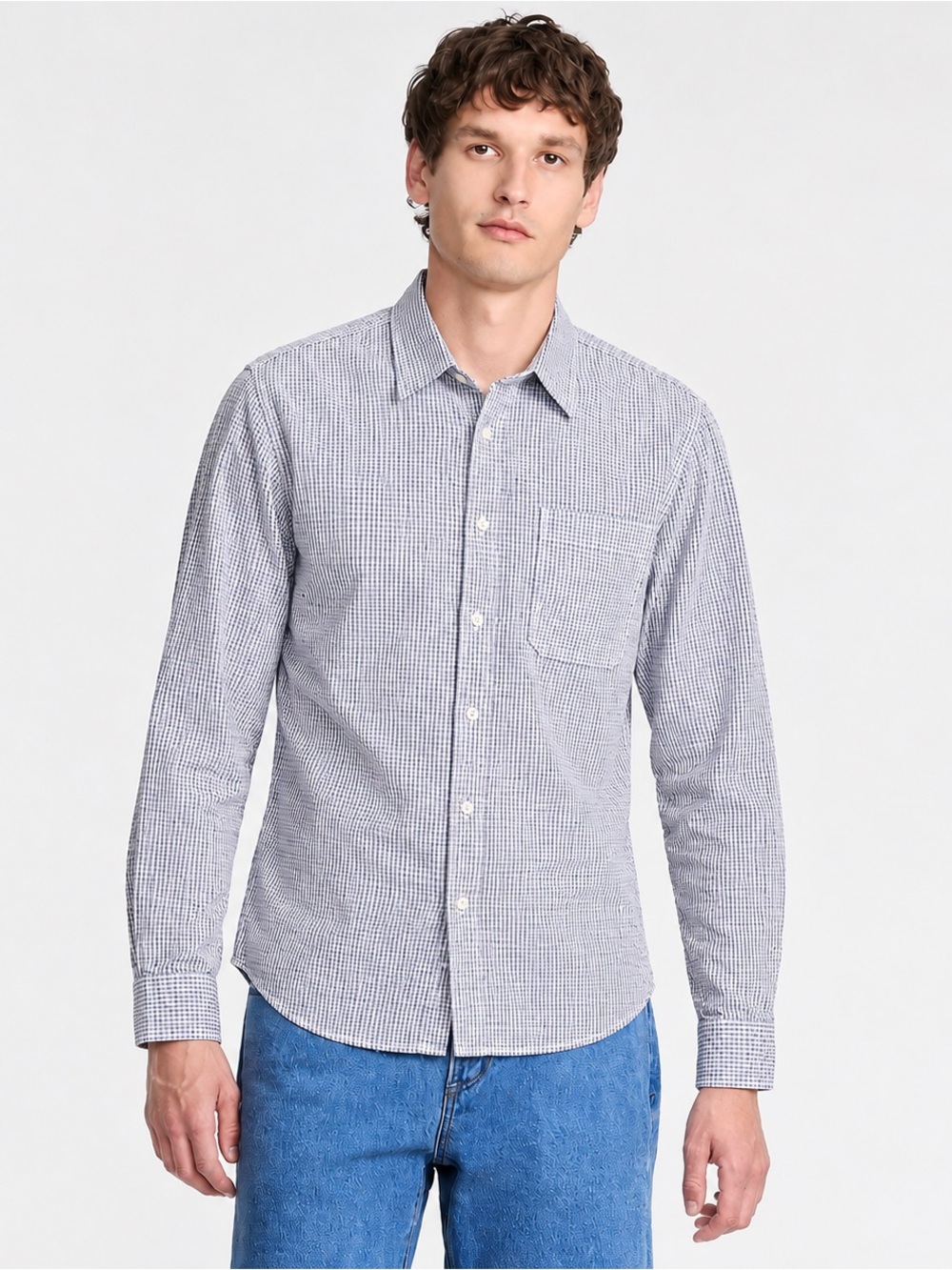 Lands’ End Men’s Fine Gingham Button Down Shirt Navy White Long Sleeve